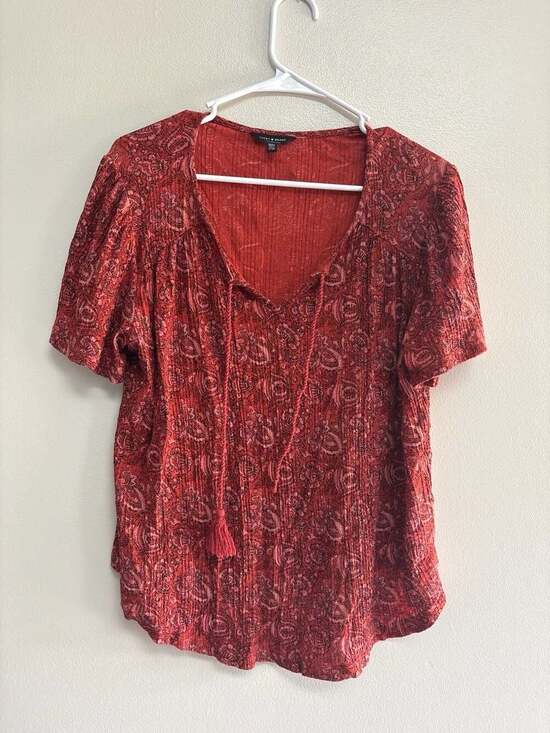 Lucky Brand Tops - Lucky Brand Red Paisley Print Tassel Tie Neck Blouse Size M